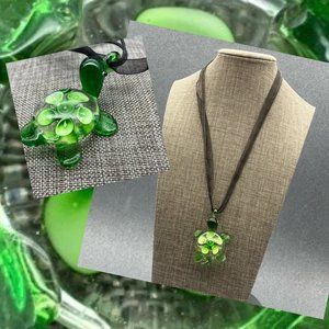 Glass Pendant Necklace Silver Turtle Tortoise Sea Green Black Ribbon Cord Flower